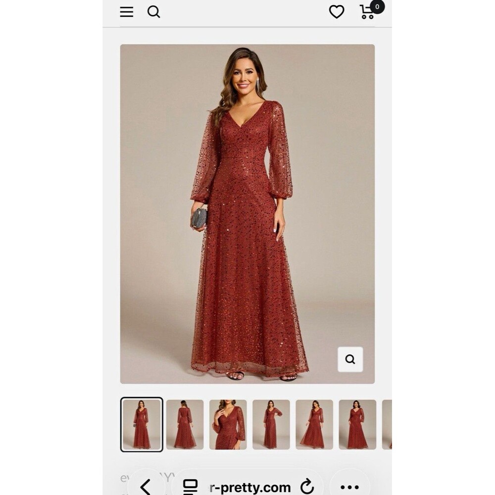 Ever Pretty Burnt Orange Sequin Long Sleeve V Neck A Line  Maxi Dress Sz 20